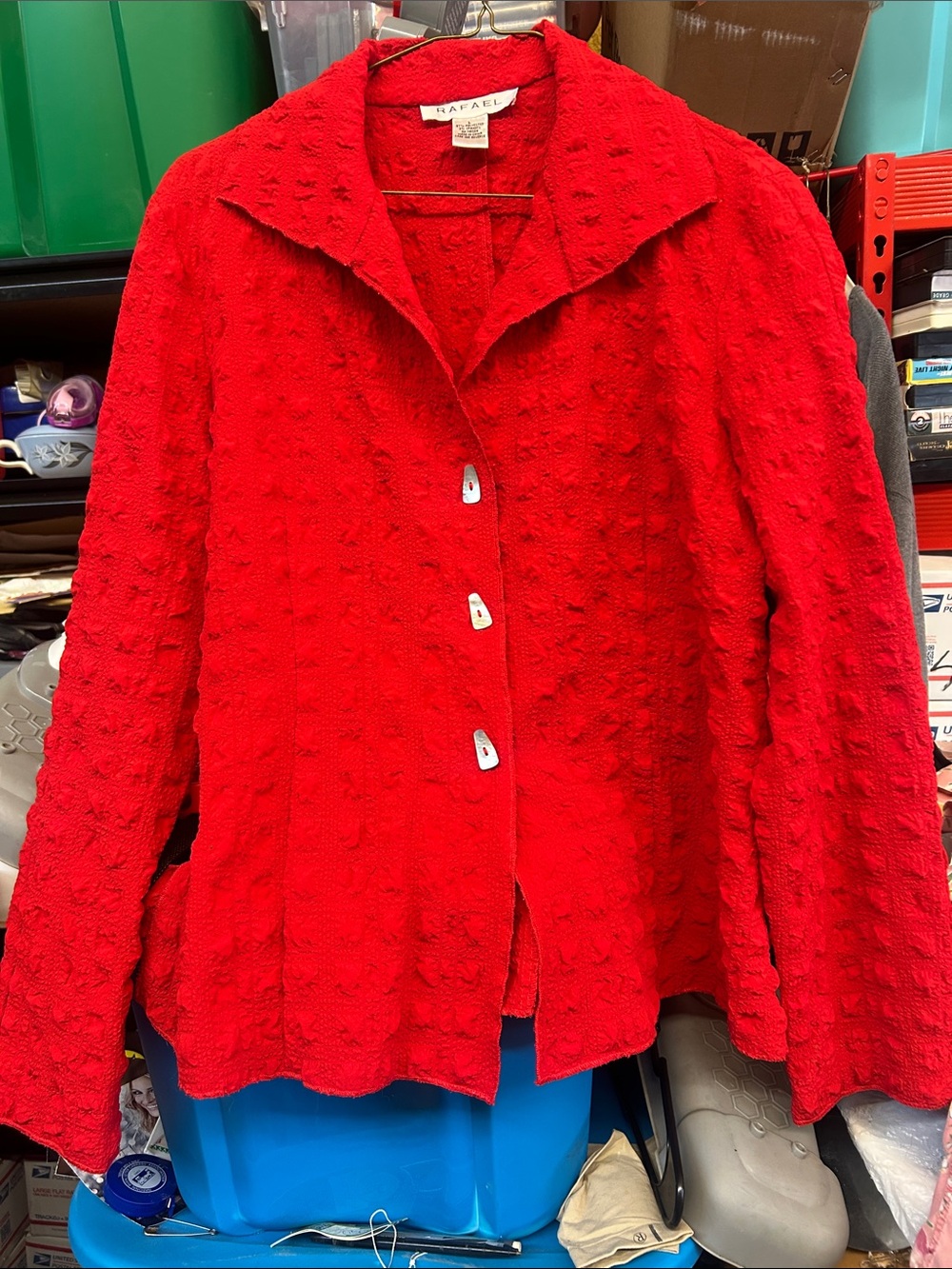Vintage Rafael Bold Red Textured unusual shaped Buttons top shirt large